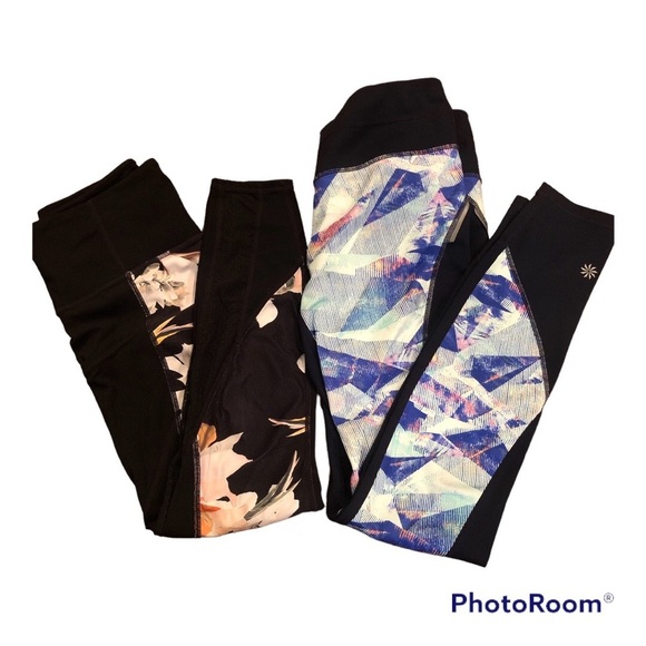 Athleta Blue Luminous Powder Peak & Black floral leggings Both size Small - Picture 2 of 8